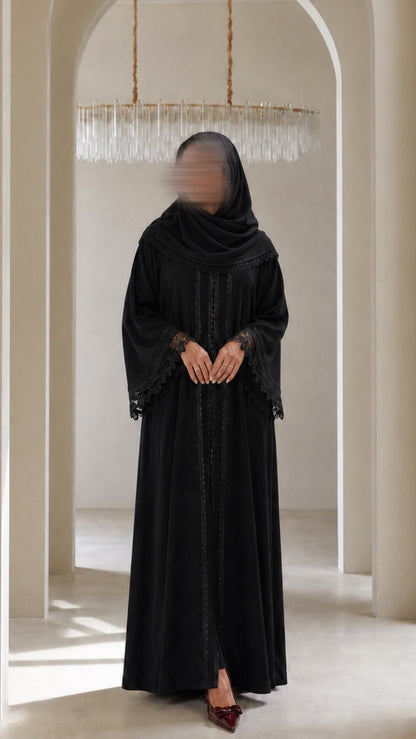 Abaya Femme Noire Nidah Coréen Dentelle Fleurie Manches Brodées – Abaya Naya