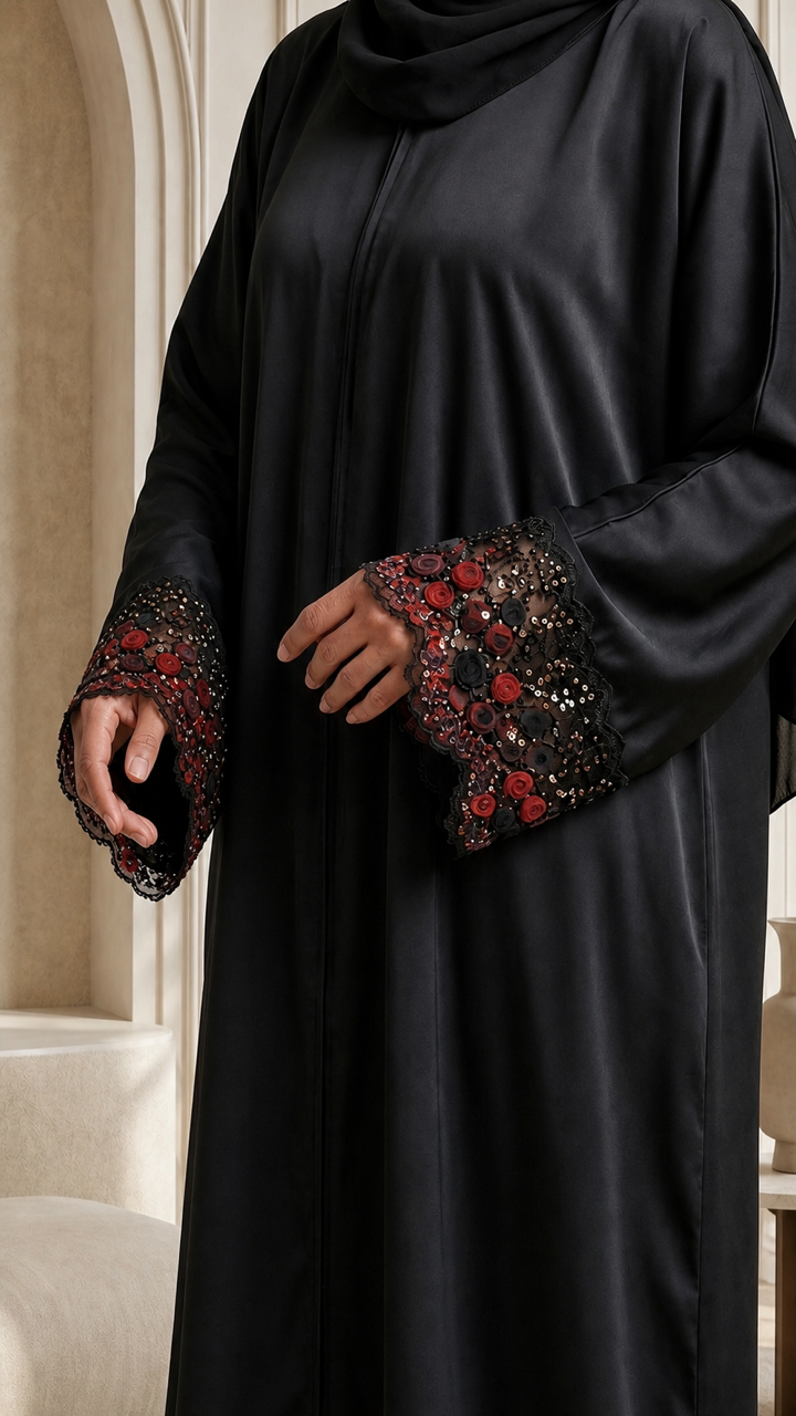 Abaya Lyna coloris rouge - manches brodées de roses et sequins sur satin noir