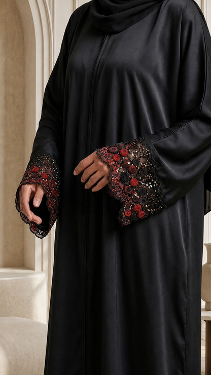 Abaya Lyna coloris rouge - manches brodées de roses et sequins sur satin noir