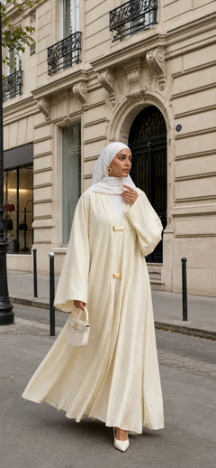 Abaya femme ivoire Nidah coréen portée dans la rue à Paris, capuche et sac à main assortis
